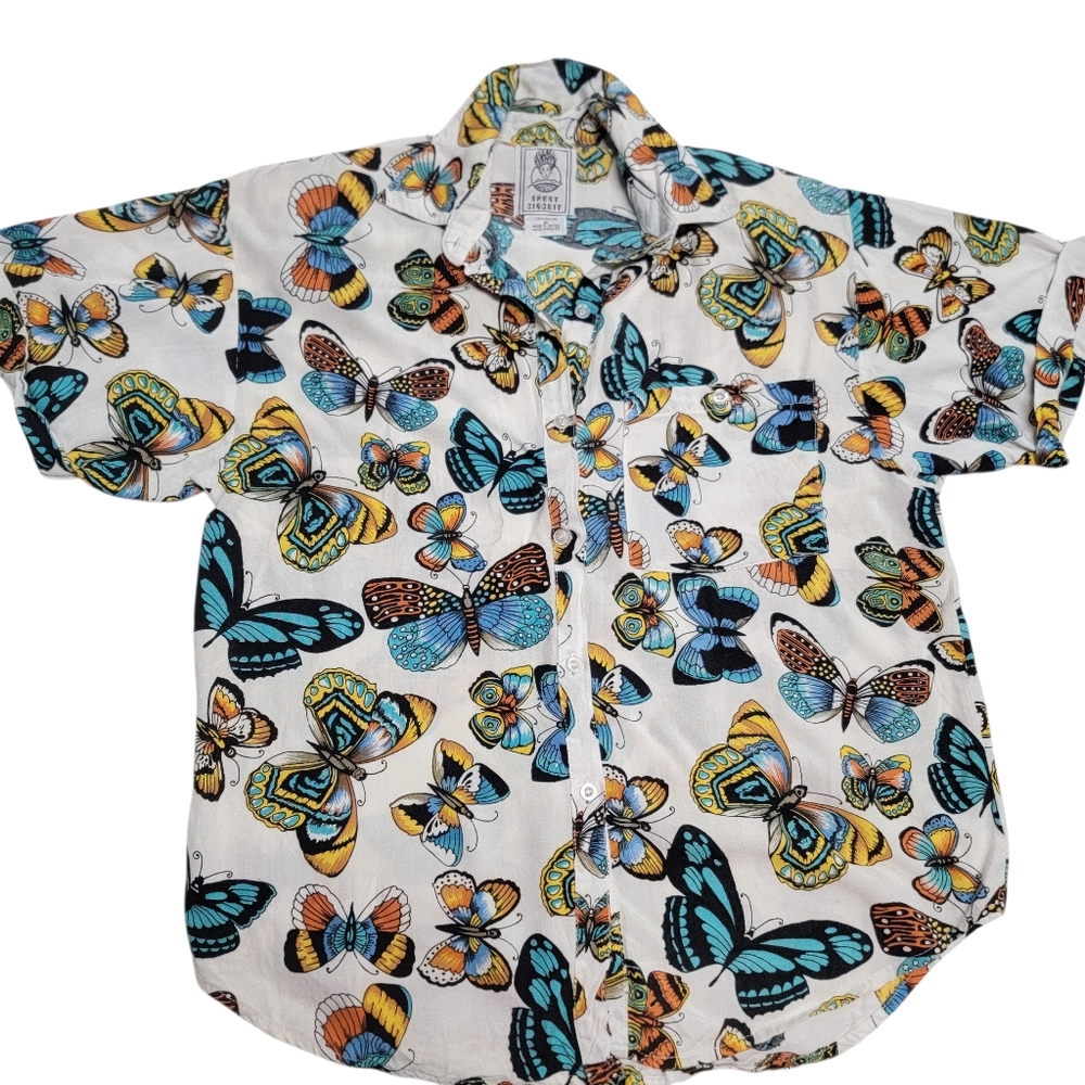 Vintage Butterfly All Over Print Button Up Shirt Sz M Front Pocket